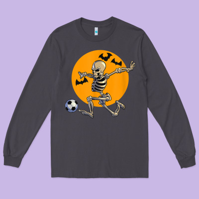 Skeleton Soccer Player Funny Halloween Blood Moon Long Sleeve Tee Designed By Designpulse