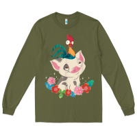 Army Green Moana HeiHei Rooster Pua Flowers Graphic Long Sleeve Tee - PixelWave