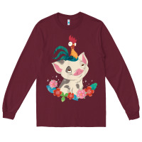 Burgundy Moana HeiHei Rooster Pua Flowers Graphic Long Sleeve Tee - PixelWave