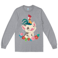 Heather Grey Moana HeiHei Rooster Pua Flowers Graphic Long Sleeve Tee - PixelWave