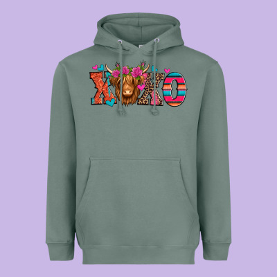 Xoxo Valentine's Day Highland Cow Heavyweight Hoodie Designed By Jasminsmagicworld