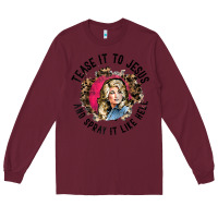 Burgundy tease it to jesus and spray it like hell leopard western raglan baseba Long Sleeve Tee - ArtChic