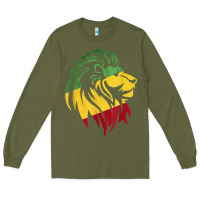 Army Green Lion of Judah Reggae, Rasta, Ethiopia Jamaican Roots Long Sleeve Tee - ArtChic