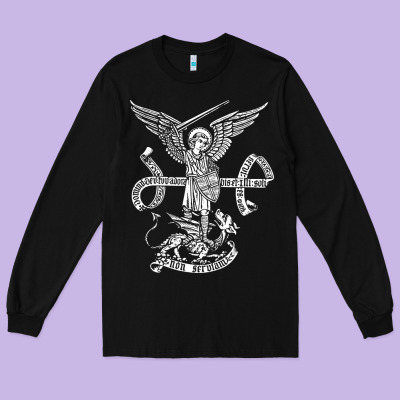 St Michael Archangel Catholic Angel Defend Us Long Sleeve Tee Designed By Artchic