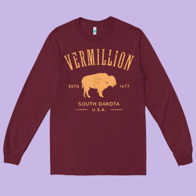 Vermillion South Dakota Bison Distressed Design T Shirt Long Sleeve Tee Designed By Studioelite