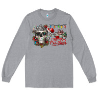Heather Grey Merry Christmas  skull Long Sleeve Tee - CowhideDigitalArt