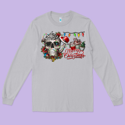 Merry Christmas  Skull Long Sleeve Tee Designed By Cowhidedigitalart