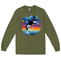 Army Green Orca Killer Whale Starry Night Impressionist Dog Art By Aja Long Sleeve Tee - PixelFlow