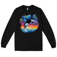 Black Orca Killer Whale Starry Night Impressionist Dog Art By Aja Long Sleeve Tee - PixelFlow