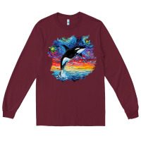 Burgundy Orca Killer Whale Starry Night Impressionist Dog Art By Aja Long Sleeve Tee - PixelFlow