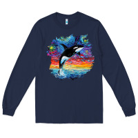 Navy Orca Killer Whale Starry Night Impressionist Dog Art By Aja Long Sleeve Tee - PixelFlow