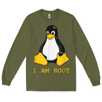 Army Green Linux Mascot Tux the Penguin I Am Root TShirt Men Women Kids Long Sleeve Tee - PixelFlow