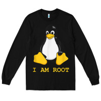 Black Linux Mascot Tux the Penguin I Am Root TShirt Men Women Kids Long Sleeve Tee - PixelFlow