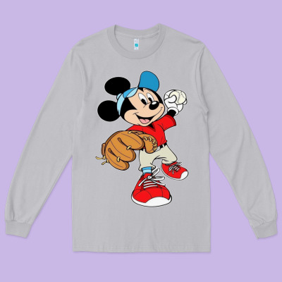 Micky-playing-baseball-cartoon-illustration-- Long Sleeve Tee Designed By Pixelflow