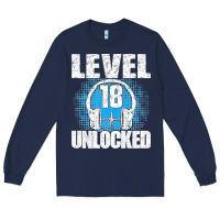 Navy Level 18 Unlocked Birthday 18 Years Gamer Premium T Shirt Long Sleeve Tee - FloraArt