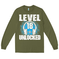 Army Green Level 18 Unlocked Birthday 18 Years Gamer Premium T Shirt Long Sleeve Tee - FloraArt