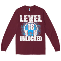 Burgundy Level 18 Unlocked Birthday 18 Years Gamer Premium T Shirt Long Sleeve Tee - FloraArt