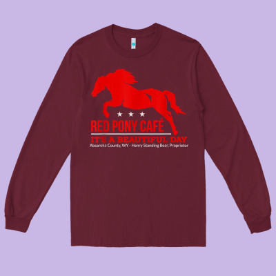 Red Pony Cafe, Funny Cute Horse Lover Long Sleeve Tee Designed By Artmosaic