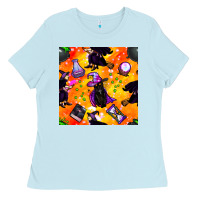 Baby Blue halloween cat and witch seamless pattern Ladies Tee - BundleAndBundleShop
