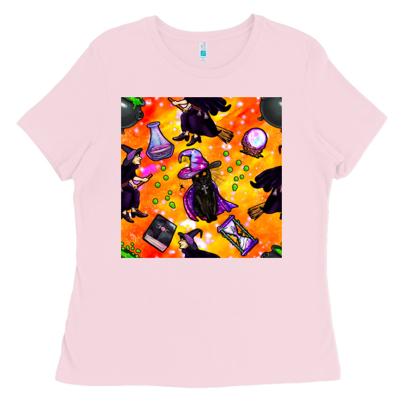 Halloween Cat And Witch Seamless Pattern Ladies Tee by BundleAndBundleShop | Teevron