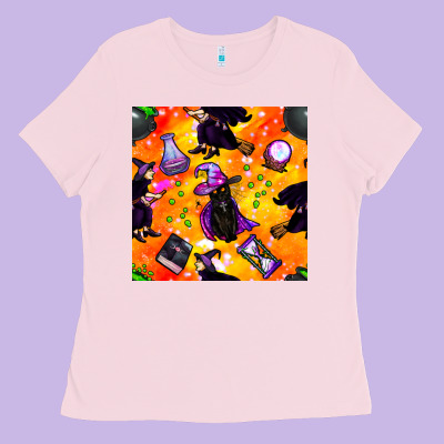 Halloween Cat And Witch Seamless Pattern Ladies Tee Designed By Bundleandbundleshop