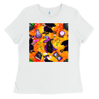 White halloween cat and witch seamless pattern Ladies Tee - BundleAndBundleShop