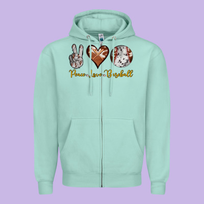 Peace Love Baseball Zipper Hoodie Designed By Ranaportraitstore
