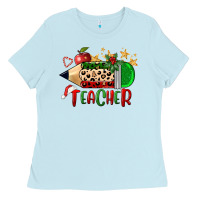 Baby Blue Christmas Teacher Pencil Ladies Tee - FaDigitalArtStudio