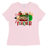Bubblegum Pink Christmas Teacher Pencil Ladies Tee - FaDigitalArtStudio