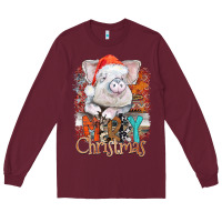 Burgundy merry Christmas pig Long Sleeve Tee - CowhideDigitalArt