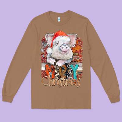 Merry Christmas Pig Long Sleeve Tee Designed By Cowhidedigitalart