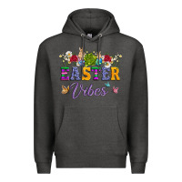 Charcoal Heather easter vibes and butterfly with bunny and flowers Premium Hoodie - Artiststas