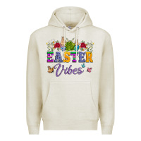 Oatmeal Heather easter vibes and butterfly with bunny and flowers Premium Hoodie - Artiststas