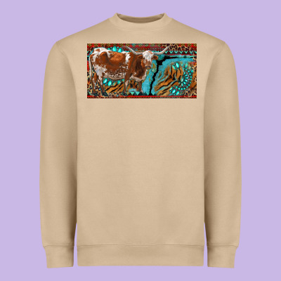 Texas Longhorn With Aztec Tiger And  Leopard Heavyweight Sweatshirt Designed By Ranaportraitstore