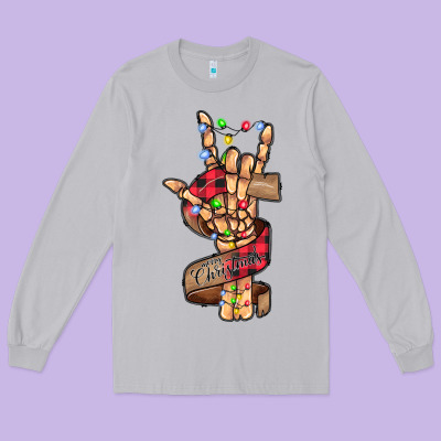 Merry Christmas Skeleton Hand Long Sleeve Tee Designed By Cowhidedigitalart