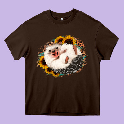 Happy Hedgehog Sunflower Leopard Heavy Core Tee Designed By Jasminsmagicworld