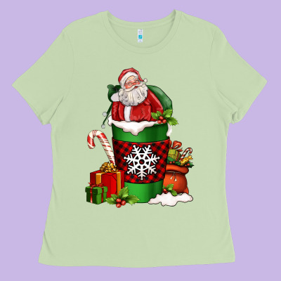 Christmas Santa Claus Coffee Cup Ladies Tee Designed By Fadigitalartstudio
