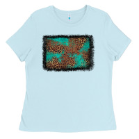 Baby Blue western leopard turquoise glitter tooled leather Ladies Tee - FaDigitalArtStudio