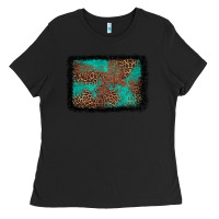 Black western leopard turquoise glitter tooled leather Ladies Tee - FaDigitalArtStudio