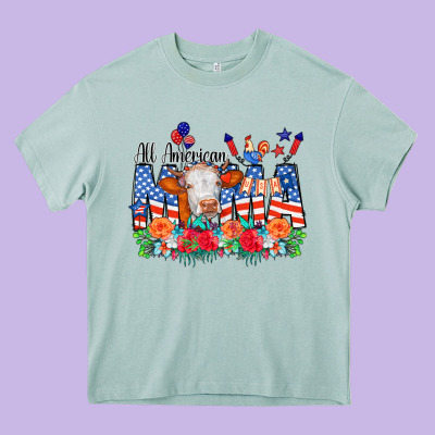 All American Mama Cow Flowers Heavy Core Tee Designed By Cowcowdesign