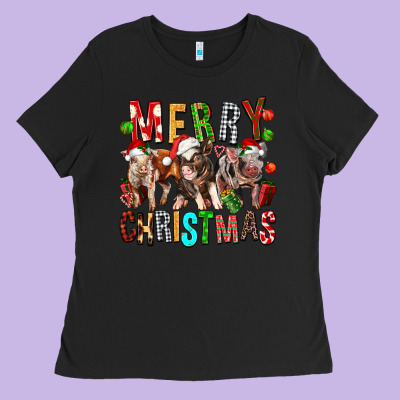 Merry Christmas Pigs Ladies Tee Designed By Fadigitalartstudio