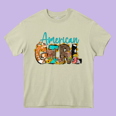 American Girl, Western Cowhide Heavy Core Tee Designed By Cowcowdesign