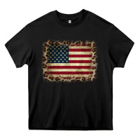 Black America Flag and Leopard Heavy Core Tee - CowCowDesign