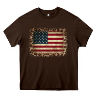 Chocolate Brown America Flag and Leopard Heavy Core Tee - CowCowDesign