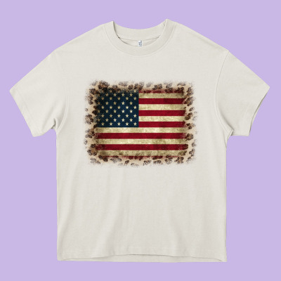 America Flag And Leopard Heavy Core Tee Designed By Cowcowdesign