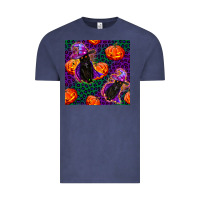 Vintage Denim witchy cat and pumpkins seamless paternal Vintage Tee - BundleAndBundleShop