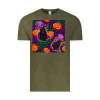 Vintage Olive witchy cat and pumpkins seamless paternal Vintage Tee - BundleAndBundleShop