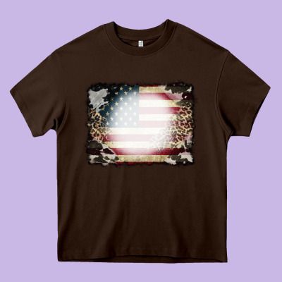 American Flag Cowhide Leopard Bleach Effect Heavy Core Tee Designed By Cowcowdesign