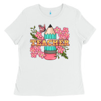 White teacher floral pencil Ladies Tee - BundleAndBundleShop