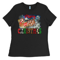 Black Merry Christmas Santa Sleigh Ladies Tee - FaDigitalArtStudio